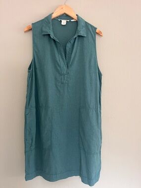 C&C California 100% Linen Shirt Dress Sleeveless Size 12 Teal Pockets Beach